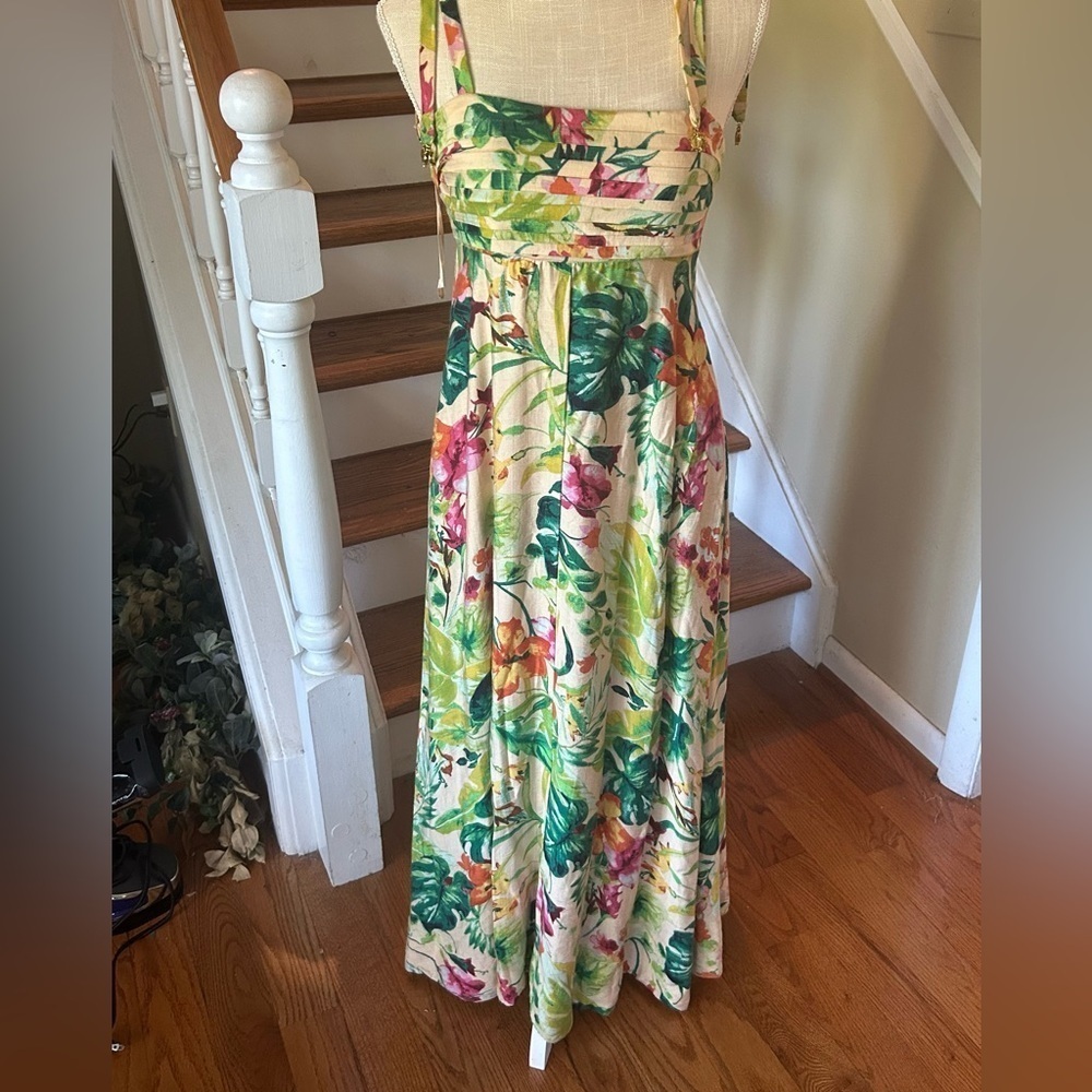 NWOT Taylor Floral Tropical Floral A-Line XS Maxi Dress Smocked Pleated Pockets - Picture 2 of 12